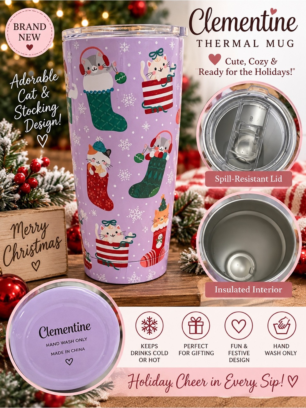 Lavender Holiday Cat & Stocking Thermal Mug